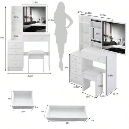37 Middle Size Left Bedside Cabinet Vanity Table+ Cushioned Stool, Large Right sliding mirror, Multi Layer High Capacity Storage, Practical Fashionable Dresser, Suitable Large Space