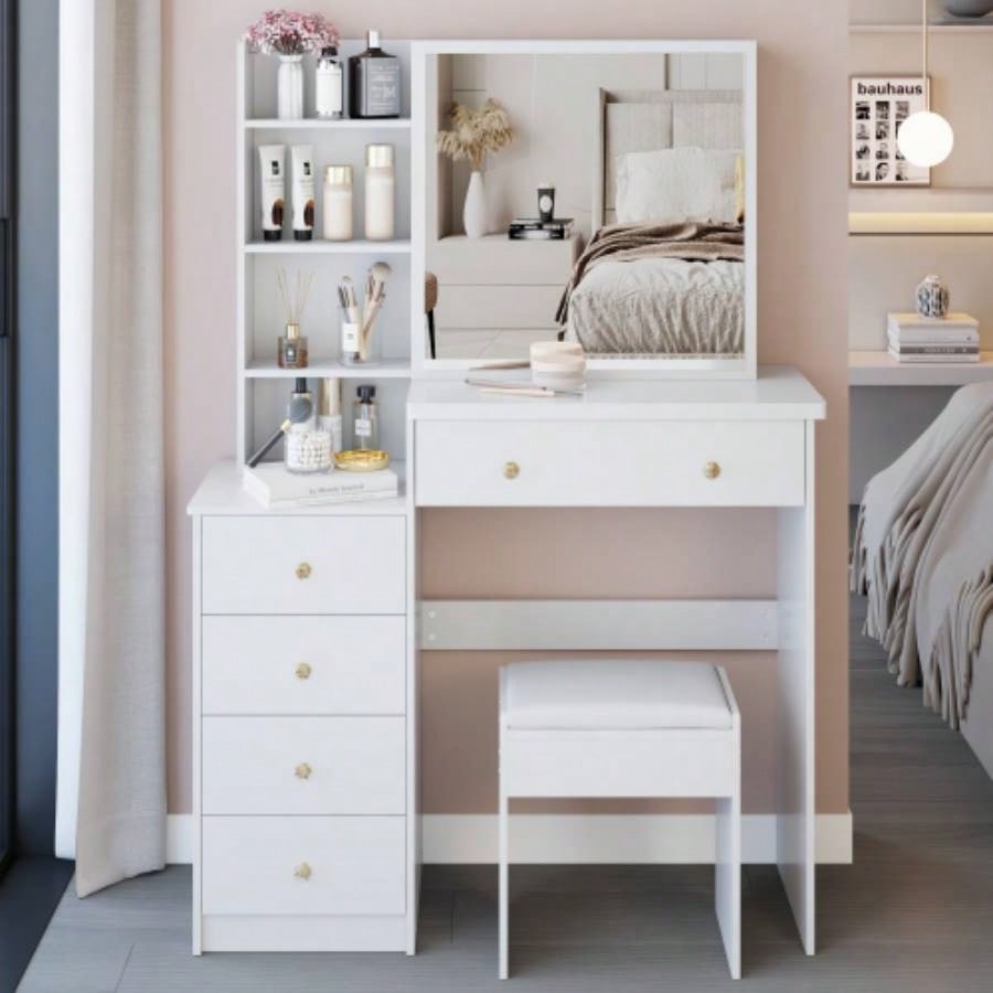 37 Middle Size Left Bedside Cabinet Vanity Table+ Cushioned Stool, Large Right sliding mirror, Multi Layer High Capacity Storage, Practical Fashionable Dresser, Suitable Large Space