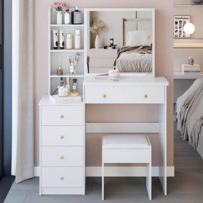 37 Middle Size Left Bedside Cabinet Vanity Table+ Cushioned Stool, Large Right sliding mirror, Multi Layer High Capacity Storage, Practical Fashionable Dresser, Suitable Large Space