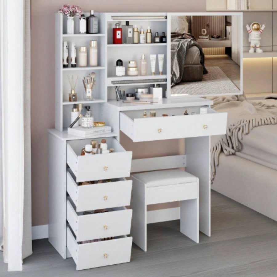 37 Middle Size Left Bedside Cabinet Vanity Table+ Cushioned Stool, Large Right sliding mirror, Multi Layer High Capacity Storage, Practical Fashionable Dresser, Suitable Large Space