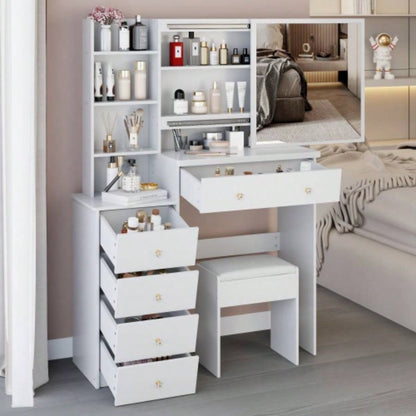 37 Middle Size Left Bedside Cabinet Vanity Table+ Cushioned Stool, Large Right sliding mirror, Multi Layer High Capacity Storage, Practical Fashionable Dresser, Suitable Large Space