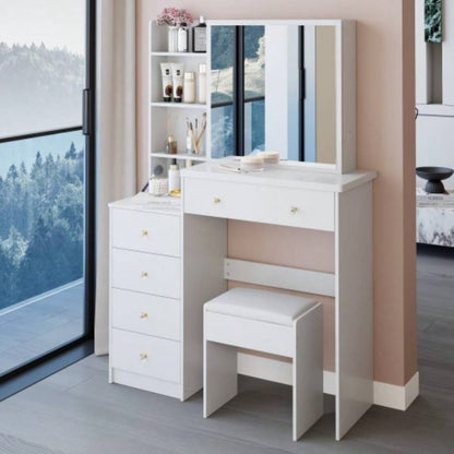 37 Middle Size Left Bedside Cabinet Vanity Table+ Cushioned Stool, Large Right sliding mirror, Multi Layer High Capacity Storage, Practical Fashionable Dresser, Suitable Large Space