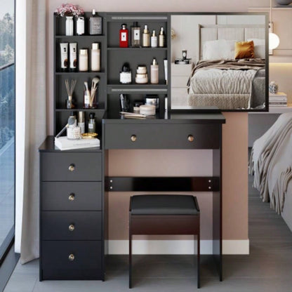 37 Middle Size Left Bedside Cabinet Vanity Table+ Cushioned Stool, Large Right sliding mirror, Multi Layer High Capacity Storage, Practical Fashionable Dresser, Suitable Middle Space