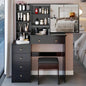 37 Middle Size Left Bedside Cabinet Vanity Table+ Cushioned Stool, Large Right sliding mirror, Multi Layer High Capacity Storage, Practical Fashionable Dresser, Suitable Middle Space