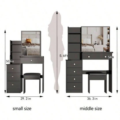 37 Middle Size Left Bedside Cabinet Vanity Table+ Cushioned Stool, Large Right sliding mirror, Multi Layer High Capacity Storage, Practical Fashionable Dresser, Suitable Middle Space