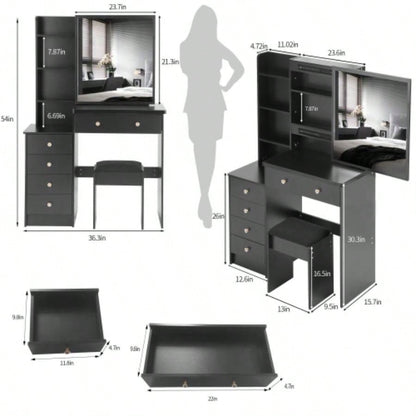 37 Middle Size Left Bedside Cabinet Vanity Table+ Cushioned Stool, Large Right sliding mirror, Multi Layer High Capacity Storage, Practical Fashionable Dresser, Suitable Middle Space