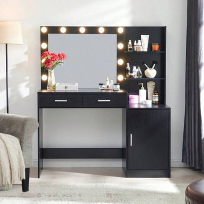 Vanity Desk with Mirror and Lights, 46.4IN Dressing Table with 2 Large DrawerLarge Vertical Organizer, 3 Level Dresser 3 Lighting Modes Adjustable Brightness, Suitable BedroomBlack