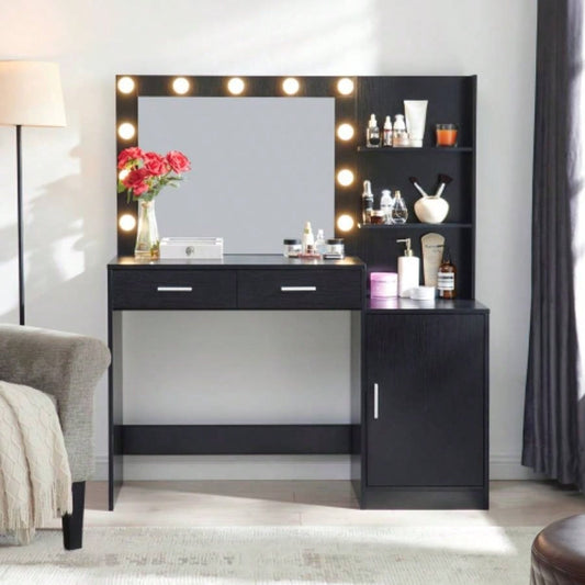 Vanity Desk with Mirror and Lights, 46.4IN Dressing Table with 2 Large DrawerLarge Vertical Organizer, 3 Level Dresser 3 Lighting Modes Adjustable Brightness, Suitable BedroomBlack