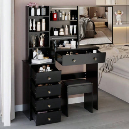 37 Middle Size Left Bedside Cabinet Vanity Table+ Cushioned Stool, Large Right sliding mirror, Multi Layer High Capacity Storage, Practical Fashionable Dresser, Suitable Middle Space