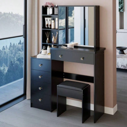 37 Middle Size Left Bedside Cabinet Vanity Table+ Cushioned Stool, Large Right sliding mirror, Multi Layer High Capacity Storage, Practical Fashionable Dresser, Suitable Middle Space