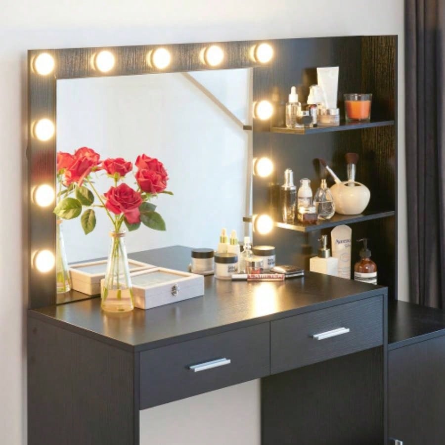Vanity Desk with Mirror and Lights, 46.4IN Dressing Table with 2 Large DrawerLarge Vertical Organizer, 3 Level Dresser 3 Lighting Modes Adjustable Brightness, Suitable BedroomBlack
