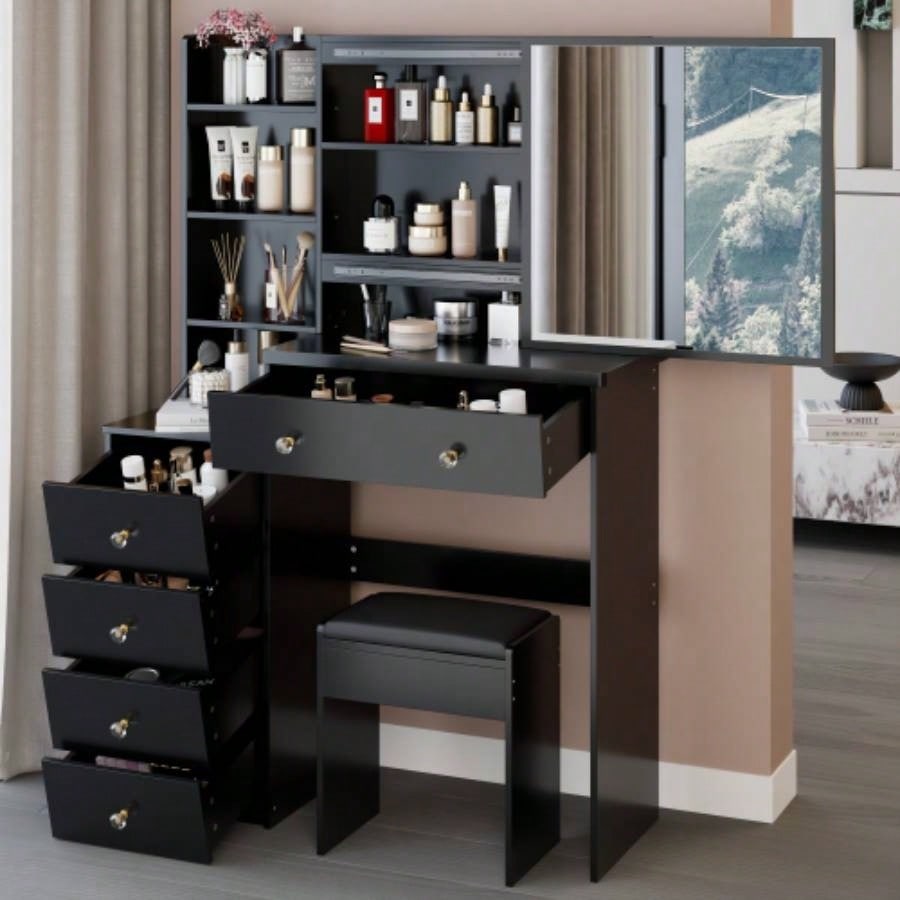 37 Middle Size Left Bedside Cabinet Vanity Table+ Cushioned Stool, Large Right sliding mirror, Multi Layer High Capacity Storage, Practical Fashionable Dresser, Suitable Middle Space