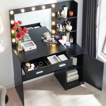 Vanity Desk with Mirror and Lights, 46.4IN Dressing Table with 2 Large DrawerLarge Vertical Organizer, 3 Level Dresser 3 Lighting Modes Adjustable Brightness, Suitable BedroomBlack