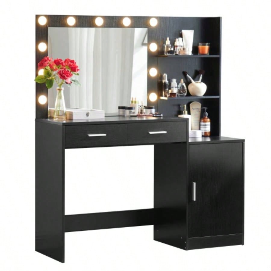 Vanity Desk with Mirror and Lights, 46.4IN Dressing Table with 2 Large DrawerLarge Vertical Organizer, 3 Level Dresser 3 Lighting Modes Adjustable Brightness, Suitable BedroomBlack