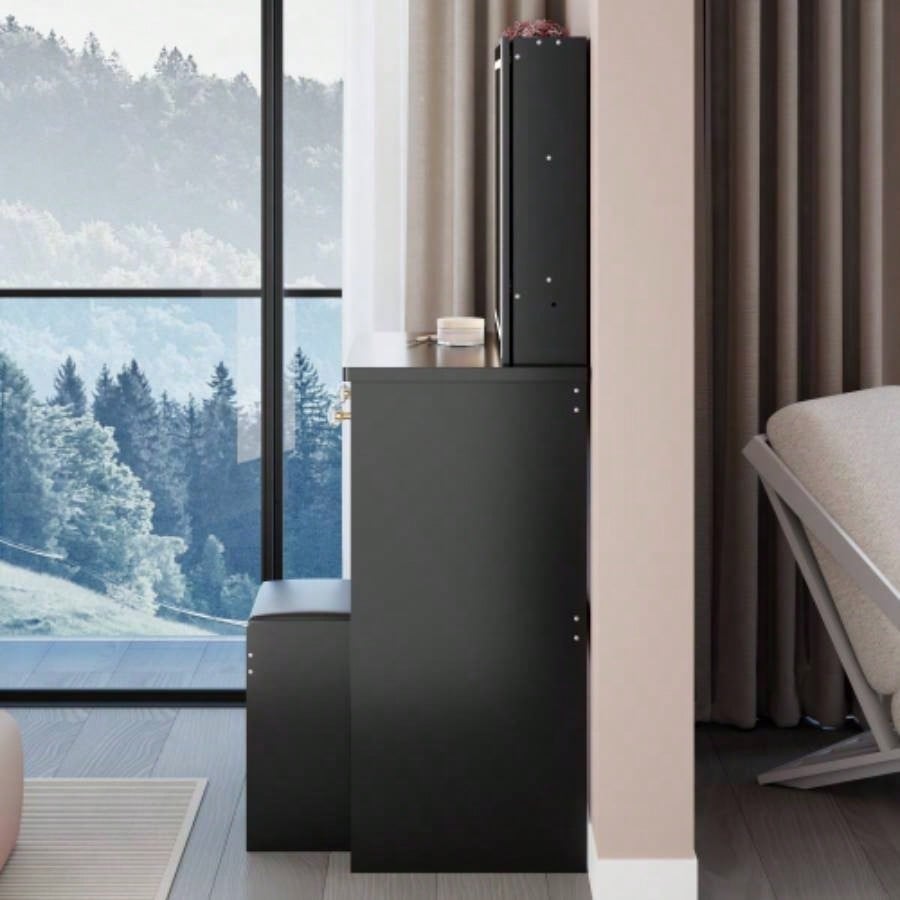37 Middle Size Left Bedside Cabinet Vanity Table+ Cushioned Stool, Large Right sliding mirror, Multi Layer High Capacity Storage, Practical Fashionable Dresser, Suitable Middle Space