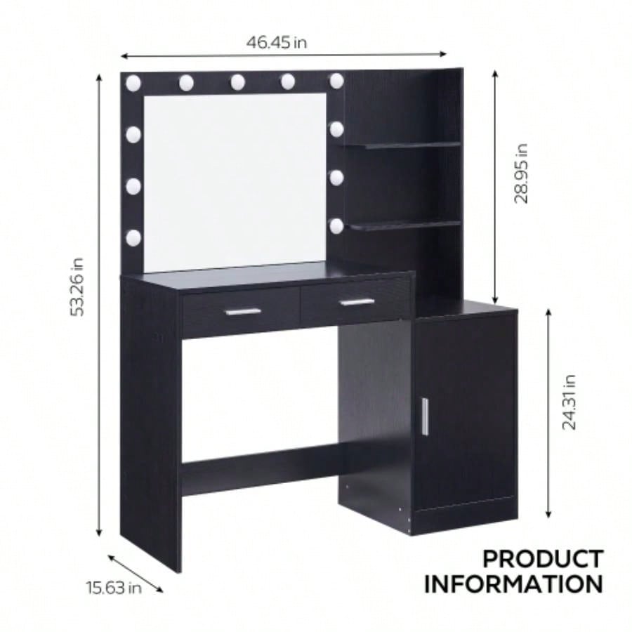 Vanity Desk with Mirror and Lights, 46.4IN Dressing Table with 2 Large DrawerLarge Vertical Organizer, 3 Level Dresser 3 Lighting Modes Adjustable Brightness, Suitable BedroomBlack