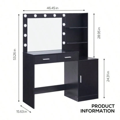Vanity Desk with Mirror and Lights, 46.4IN Dressing Table with 2 Large DrawerLarge Vertical Organizer, 3 Level Dresser 3 Lighting Modes Adjustable Brightness, Suitable BedroomBlack