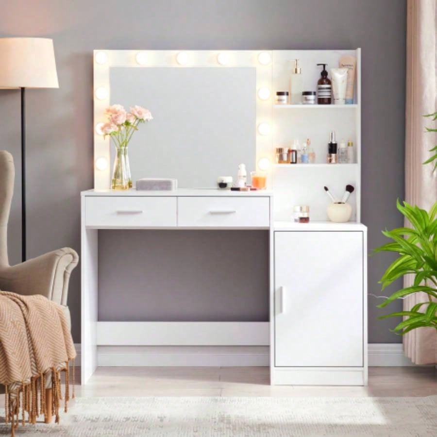 Vanity Desk with Mirror and Lights, 46.4IN Dressing Table with 2 Large DrawerLarge Vertical Organizer, 3 Level Dresser 3 Lighting Modes Adjustable Brightness, Suitable BedroomBlack