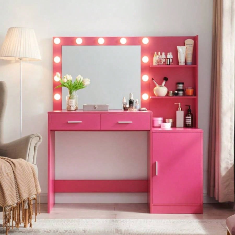 Vanity Desk with Mirror and Lights, 46.4IN Dressing Table with 2 Large DrawerLarge Vertical Organizer, 3 Level Dresser 3 Lighting Modes Adjustable Brightness, Suitable BedroomBlack