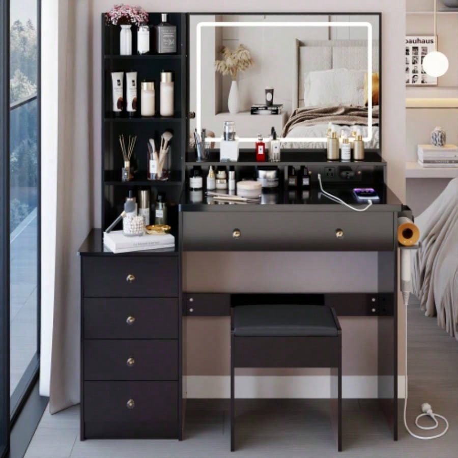 41 Large Size Left Bedside Cabinet Vanity Table+Cushioned Stool Dresser Set, 2 AC+2 USB Power Station, Large Control LED Mirror, 3 - color Switch, EPA, GCC, Certificate