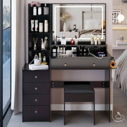 41 Large Size Left Bedside Cabinet Vanity Table+Cushioned Stool Dresser Set, 2 AC+2 USB Power Station, Large Control LED Mirror, 3 - color Switch, EPA, GCC, Certificate