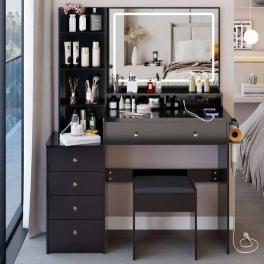 41 Large Size Left Bedside Cabinet Vanity Table+Cushioned Stool Dresser Set, 2 AC+2 USB Power Station, Large Control LED Mirror, 3 - color Switch, EPA, GCC, Certificate
