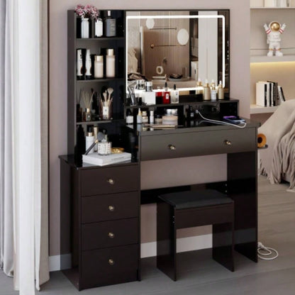 41 Large Size Left Bedside Cabinet Vanity Table+Cushioned Stool Dresser Set, 2 AC+2 USB Power Station, Large Control LED Mirror, 3 - color Switch, EPA, GCC, Certificate