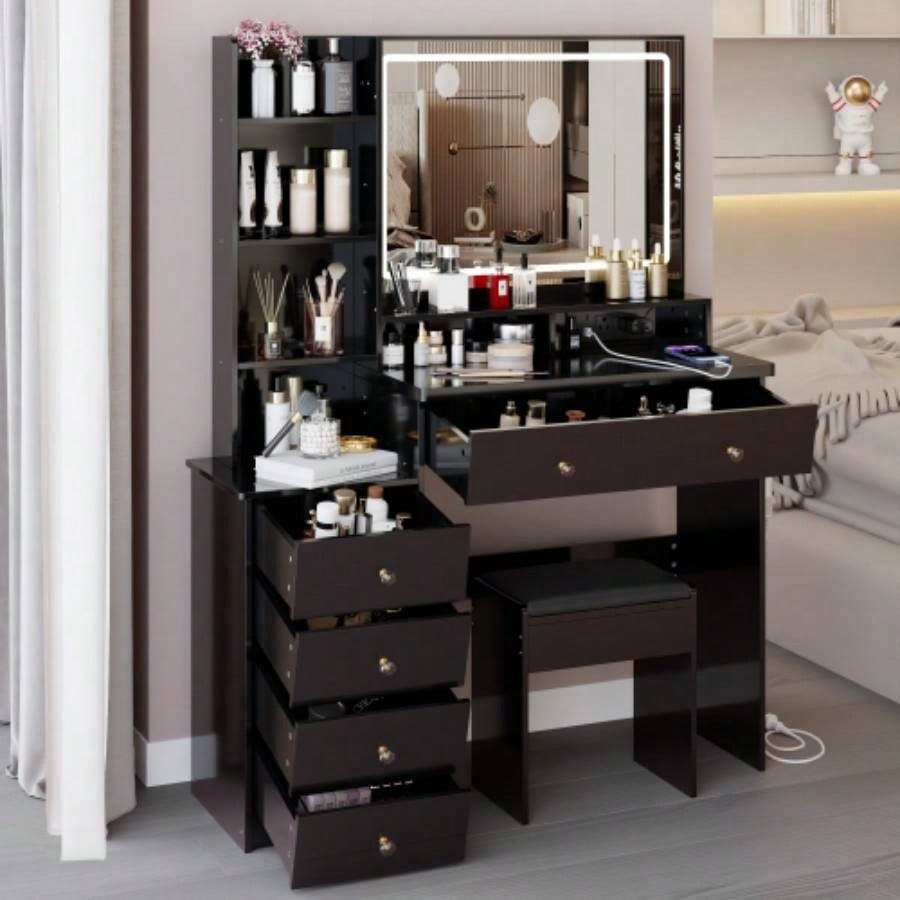 41 Large Size Left Bedside Cabinet Vanity Table+Cushioned Stool Dresser Set, 2 AC+2 USB Power Station, Large Control LED Mirror, 3 - color Switch, EPA, GCC, Certificate