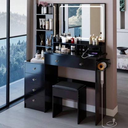 41 Large Size Left Bedside Cabinet Vanity Table+Cushioned Stool Dresser Set, 2 AC+2 USB Power Station, Large Control LED Mirror, 3 - color Switch, EPA, GCC, Certificate
