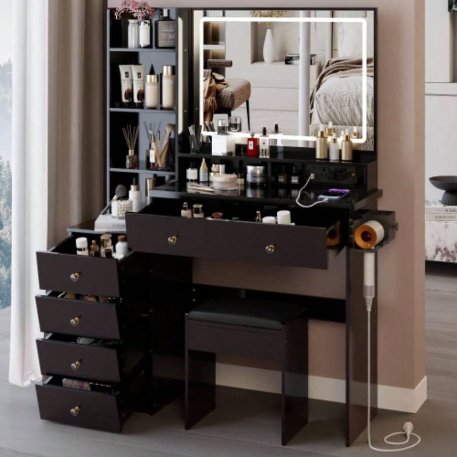 41 Large Size Left Bedside Cabinet Vanity Table+Cushioned Stool Dresser Set, 2 AC+2 USB Power Station, Large Control LED Mirror, 3 - color Switch, EPA, GCC, Certificate