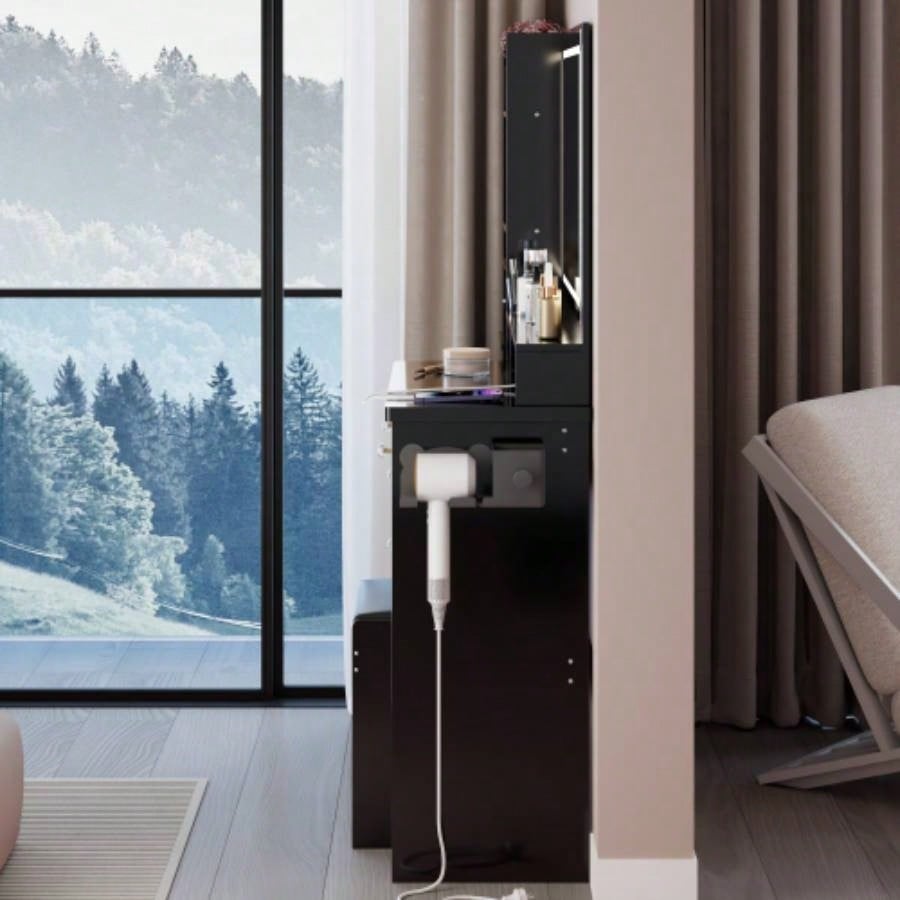 41 Large Size Left Bedside Cabinet Vanity Table+Cushioned Stool Dresser Set, 2 AC+2 USB Power Station, Large Control LED Mirror, 3 - color Switch, EPA, GCC, Certificate