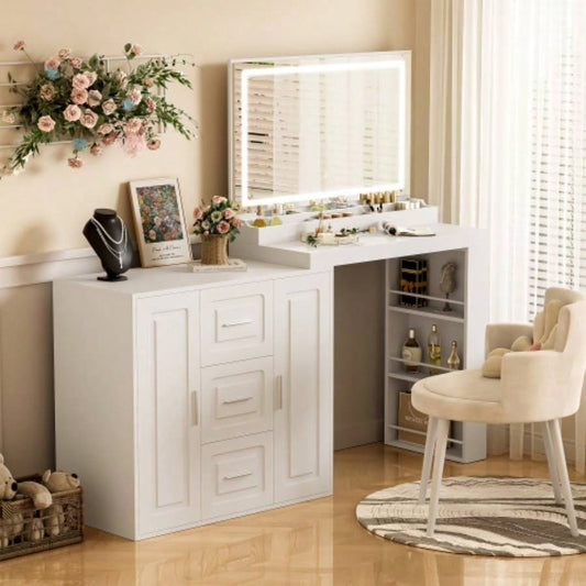 59 Makeup Vanity Desk with Mirror, Vanity Mirror with Lights, Dressing Table with 3 Drawers and 2 Cabinets, Vanity Table with Storage Shelves Bedroom, White