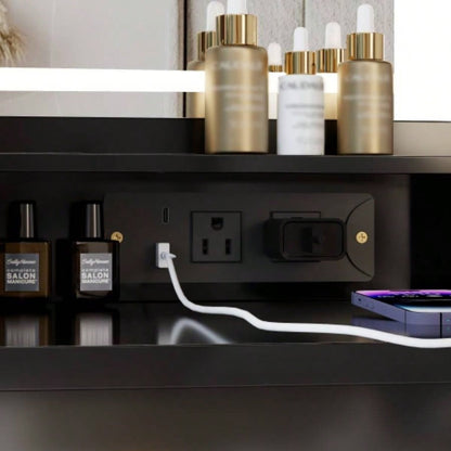 41 Large Size Left Bedside Cabinet Vanity Table+Cushioned Stool Dresser Set, 2 AC+2 USB Power Station, Large Control LED Mirror, 3 - color Switch, EPA, GCC, Certificate