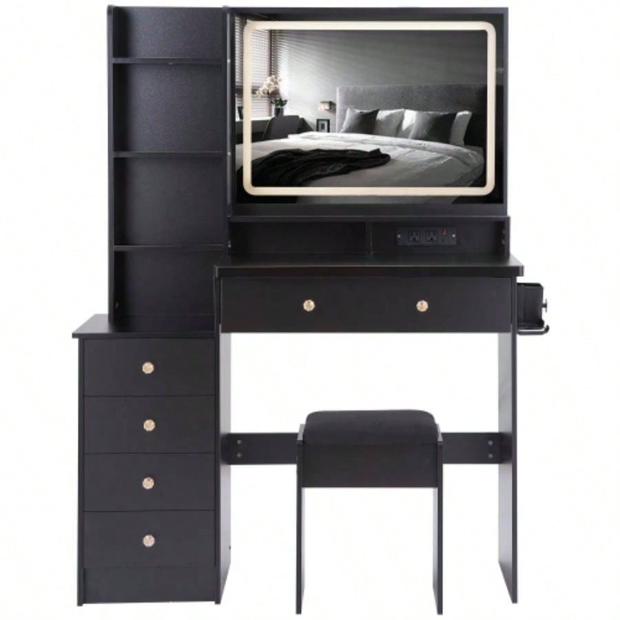 41 Large Size Left Bedside Cabinet Vanity Table+Cushioned Stool Dresser Set, 2 AC+2 USB Power Station, Large Control LED Mirror, 3 - color Switch, EPA, GCC, Certificate