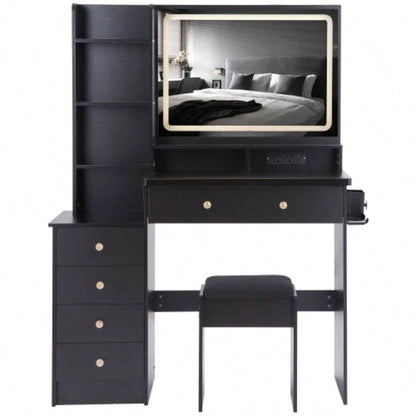 41 Large Size Left Bedside Cabinet Vanity Table+Cushioned Stool Dresser Set, 2 AC+2 USB Power Station, Large Control LED Mirror, 3 - color Switch, EPA, GCC, Certificate