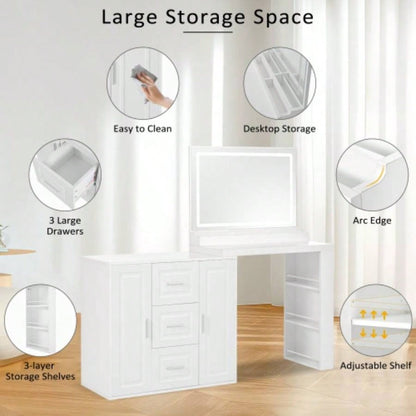 59 Makeup Vanity Desk with Mirror, Vanity Mirror with Lights, Dressing Table with 3 Drawers and 2 Cabinets, Vanity Table with Storage Shelves Bedroom, White