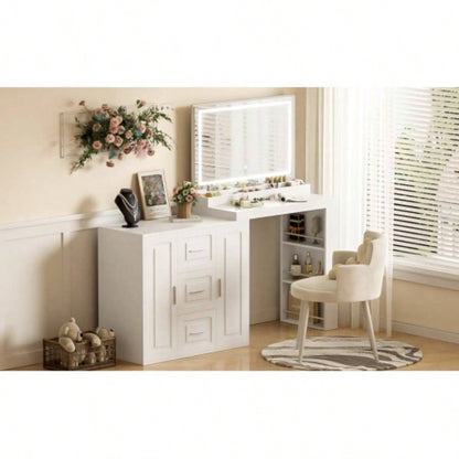 59 Makeup Vanity Desk with Mirror, Vanity Mirror with Lights, Dressing Table with 3 Drawers and 2 Cabinets, Vanity Table with Storage Shelves Bedroom, White