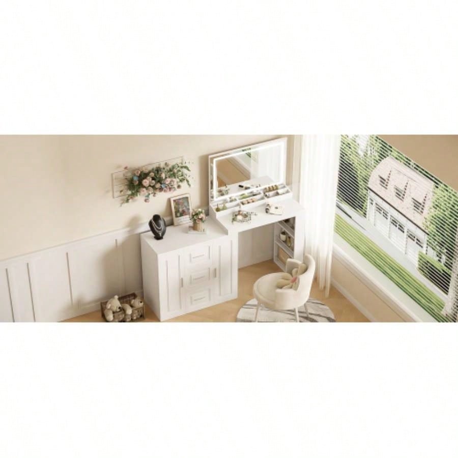 59 Makeup Vanity Desk with Mirror, Vanity Mirror with Lights, Dressing Table with 3 Drawers and 2 Cabinets, Vanity Table with Storage Shelves Bedroom, White