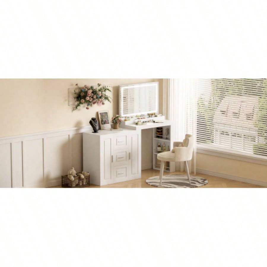 59 Makeup Vanity Desk with Mirror, Vanity Mirror with Lights, Dressing Table with 3 Drawers and 2 Cabinets, Vanity Table with Storage Shelves Bedroom, White