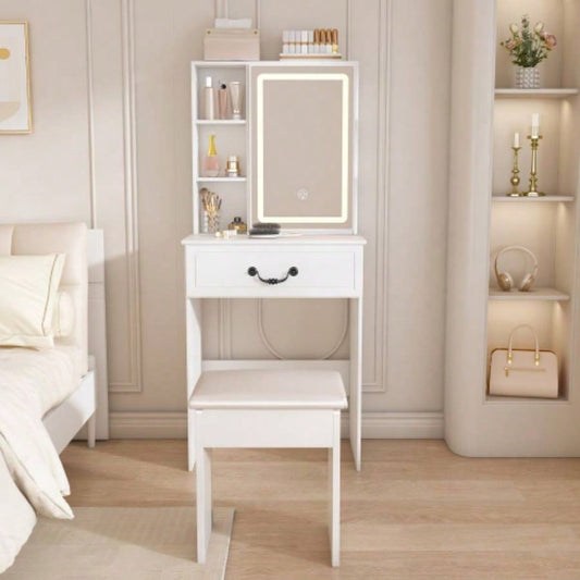 Modern Dressing Table with LED - lit Mirror Hidden Storage, Includes Padded Stool, Adjustable Brightness Vanity Desk, Multi - tier Dust - proof Shelves, White