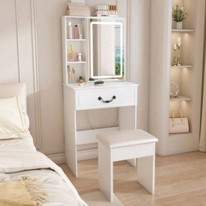 Modern Dressing Table with LED - lit Mirror Hidden Storage, Includes Padded Stool, Adjustable Brightness Vanity Desk, Multi - tier Dust - proof Shelves, White