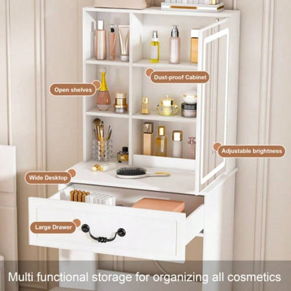 Modern Dressing Table with LED - lit Mirror Hidden Storage, Includes Padded Stool, Adjustable Brightness Vanity Desk, Multi - tier Dust - proof Shelves, White