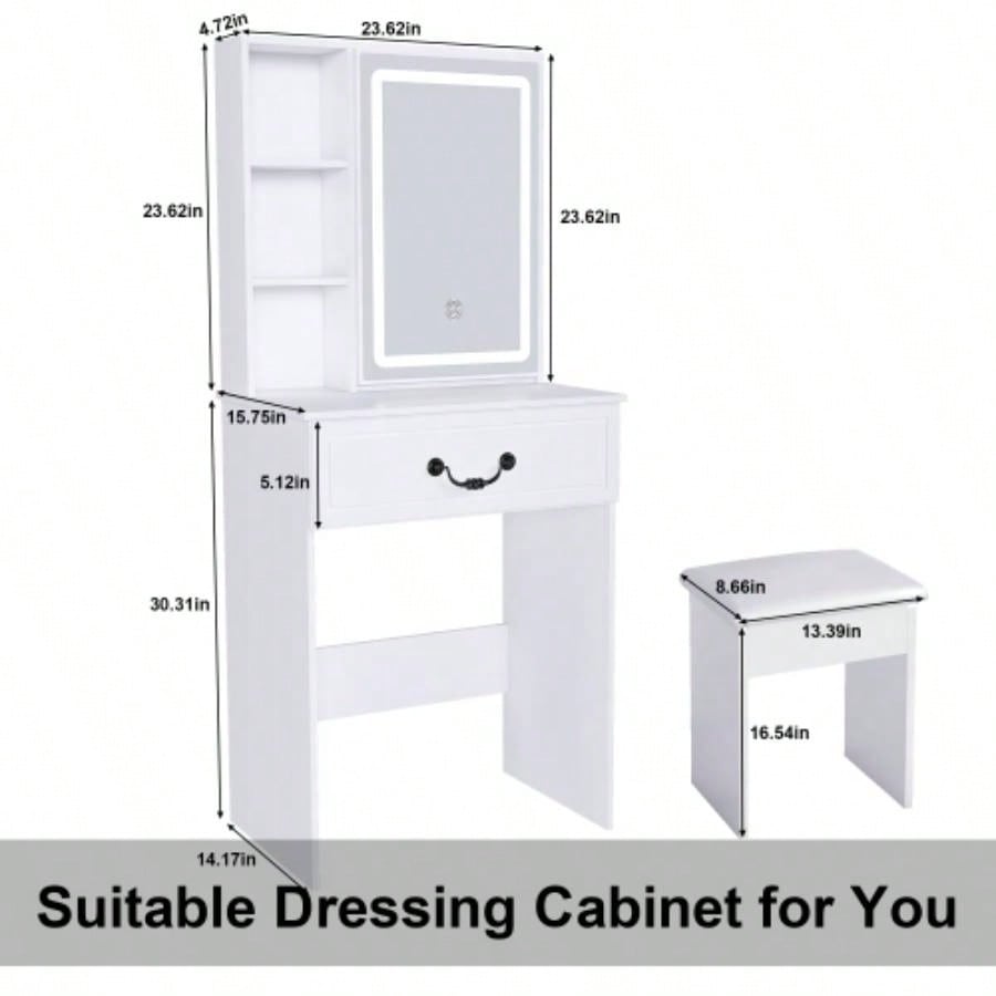 Modern Dressing Table with LED - lit Mirror Hidden Storage, Includes Padded Stool, Adjustable Brightness Vanity Desk, Multi - tier Dust - proof Shelves, White
