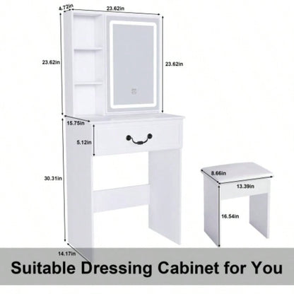 Modern Dressing Table with LED - lit Mirror Hidden Storage, Includes Padded Stool, Adjustable Brightness Vanity Desk, Multi - tier Dust - proof Shelves, White