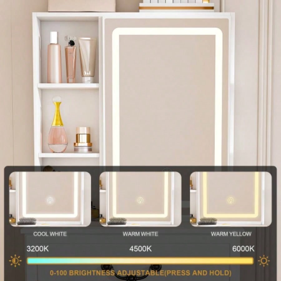 Modern Dressing Table with LED - lit Mirror Hidden Storage, Includes Padded Stool, Adjustable Brightness Vanity Desk, Multi - tier Dust - proof Shelves, White