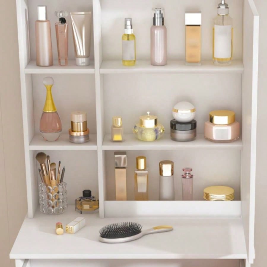 Modern Dressing Table with LED - lit Mirror Hidden Storage, Includes Padded Stool, Adjustable Brightness Vanity Desk, Multi - tier Dust - proof Shelves, White