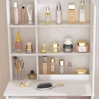 Modern Dressing Table with LED - lit Mirror Hidden Storage, Includes Padded Stool, Adjustable Brightness Vanity Desk, Multi - tier Dust - proof Shelves, White