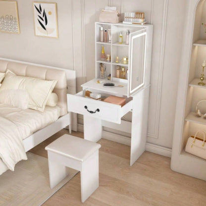 Modern Dressing Table with LED - lit Mirror Hidden Storage, Includes Padded Stool, Adjustable Brightness Vanity Desk, Multi - tier Dust - proof Shelves, White
