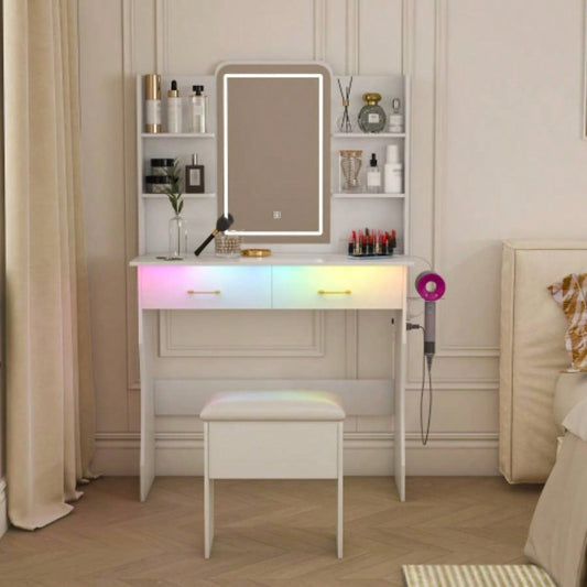 Vanity Desk with LED Lights Mirror Power Outlet, Vanity Table Set with Storage Drawers Chair, 3 Lighting Modes Led RGB Adjustable Brightness, Dressing Table Women Girls Bedroom, White