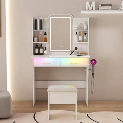 Vanity Desk with LED Lights Mirror Power Outlet, Vanity Table Set with Storage Drawers Chair, 3 Lighting Modes Led RGB Adjustable Brightness, Dressing Table Women Girls Bedroom, White